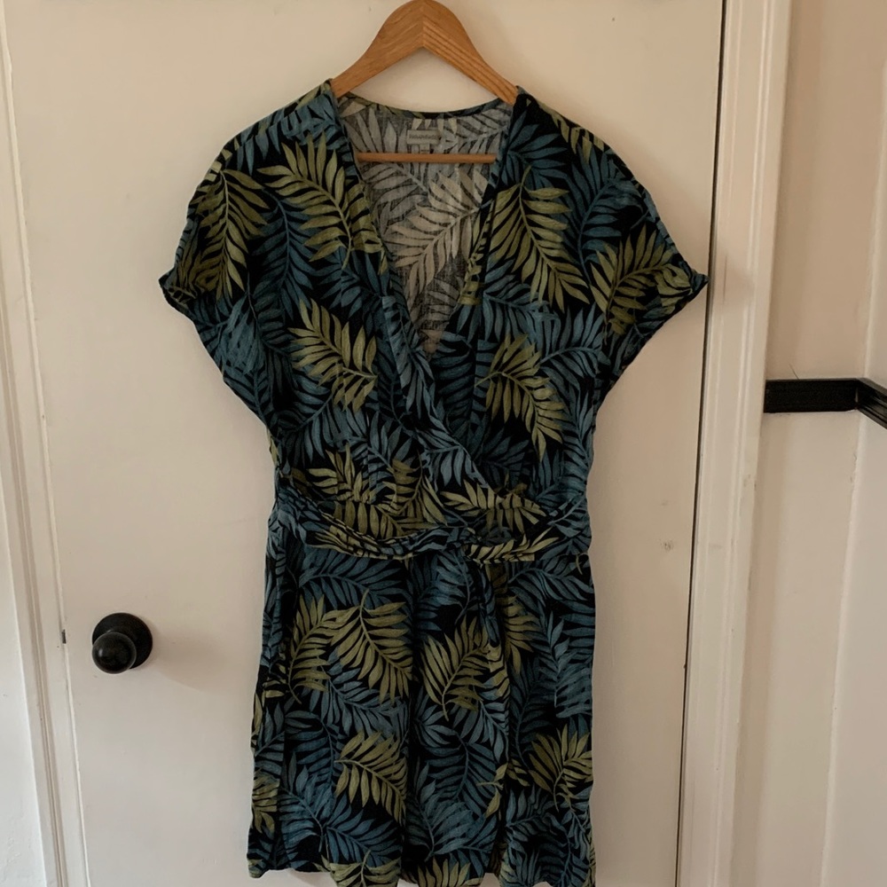 Paraphrase Leaf-Print Wrap Mini Dress in Teal and Olive